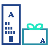 Simple outline of a business building next to a gift box with the company logo on it.