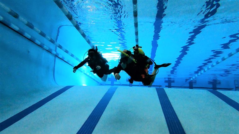 Two divers are in the pool, they are swimming forward down the slope of the pool's bottom.